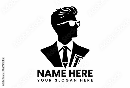 Sophisticated black silhouette of a man in a suit and glasses holding books, symbolizing intellect and professionalism. Education and business concept
