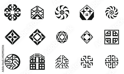 A collage of geometric black-and-white logos, showcasing modern designs. Each unique pattern reflects creativity and innovation, perfect for branding or artistic projects.