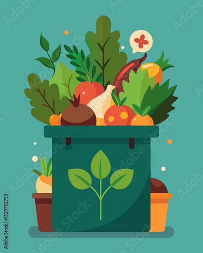 A compost bin filled with food scraps leaves and other organic materials to create nutrientrich soil for gardening.. Vector illustration
