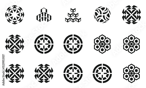 A collection of intricate black and white geometric patterns, showcasing various shapes and designs that evoke modern art aesthetics.