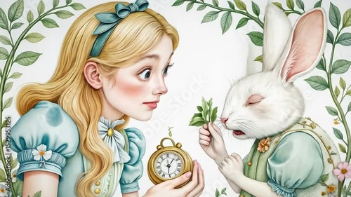 Beautiful Alice met a white rabbit, Alice in Wonderland, characters communicate with each other, Alice is surprised by the talking rabbit