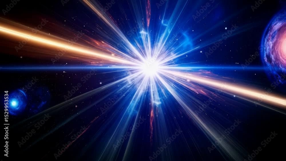 Bright star bursts forward through dark blue space in a hyper jump with trails of light creating a sense of high speed with planet visible