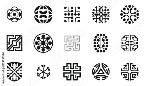 A collection of intricate black and white geometric patterns showcasing various shapes and designs that evoke a sense of modern art and creativity.