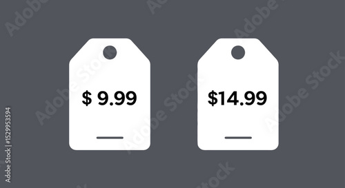 Clean and editable price tag template with rounded corners, flat 2D layout, white background, and bold black text. Includes sample prices $9.99 and $14.99. Perfect for modern UI or product 