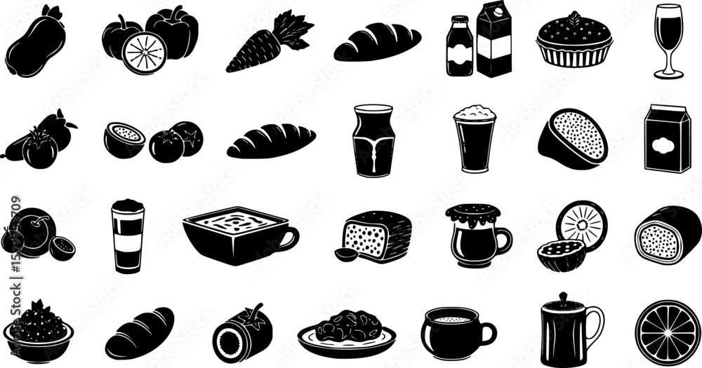 Fototapeta premium Assortment of food and drink items in black and white isolated on a white background