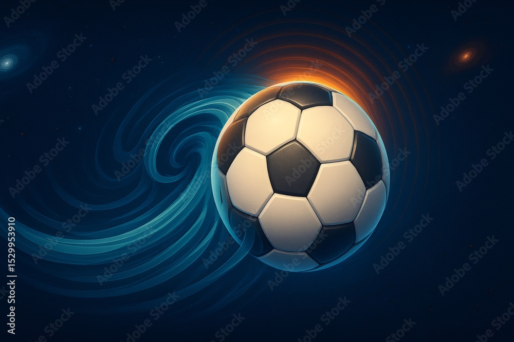 Obraz premium Soccer ball floating in space with blue and orange trails