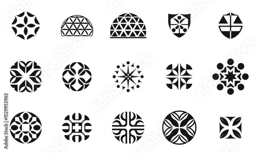 A collection of abstract geometric patterns in black and white, showcasing various shapes and designs that evoke creativity and modernity.