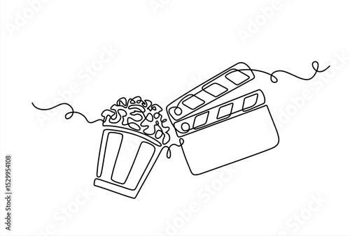 Clapper board and glass of popcorn continuous one line drawing. Movie scene episode production concept. Vector illustration isolated on white. Editable stroke.	