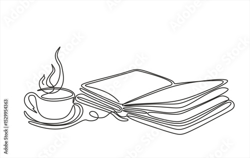 Opened book with coffee in continuous one line drawing. Education, relaxation or slow living concept. Vector illustration. Hand drawn one line vector. Editable stroke
