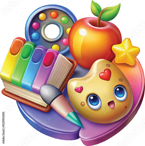 Back to school stationery set with colorful school supplies on white background