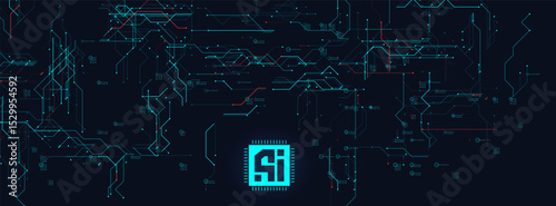 Futuristic AI chip on digital motherboard. Abstract cyberpunk circuit, glowing schematic layout, high-tech system interface. Ideal for tech, software, or machine learning themes. Vector illustration