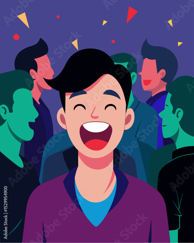 At a crowded party a person smiles and laughs but if you look closely you can see the silent scream hidden behind their eyes.. Vector illustration