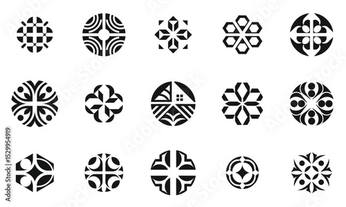 A collection of unique, monochromatic circular patterns showcasing intricate designs. Each pattern is distinct, emphasizing geometric shapes and curves.