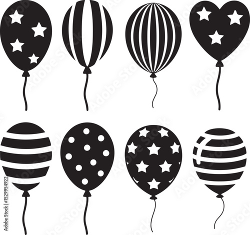 Set of different decorated balloon silhouettes, various shapes with simple patterns like stars, stripes, and dots, clean white background