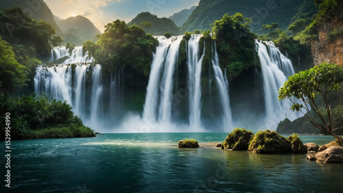 A stunning waterfall cascading through a lush tropical forest, surrounded by vibrant greenery and serene waters, perfect for nature and travel enthusiasts.