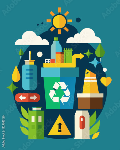 A graphic design created using different types of recycled materials such as paper plastic and cardboard to illustrate the concept of waste segregation and creative reuse.. Vector illustration