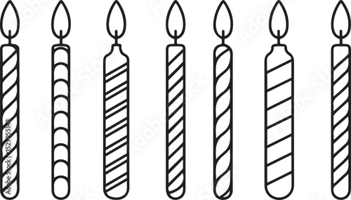 Set of eight diverse black and white birthday candles line art with varied patterns, festive icons for celebration