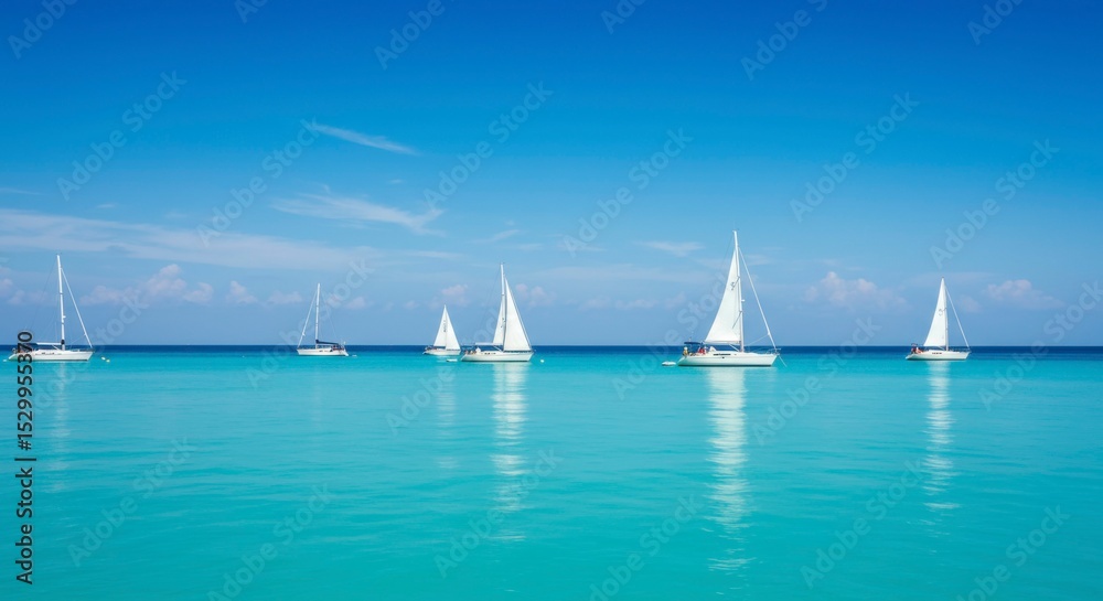 Fototapeta premium Tranquil turquoise waters, five sailboats gently bobbing, clear sky above