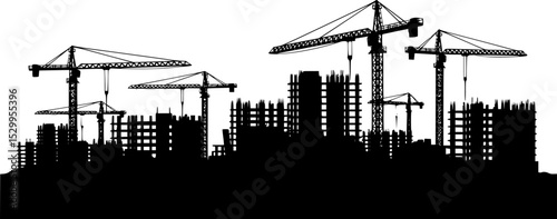 Silhouettes of construction cranes and buildings under construction on a white background