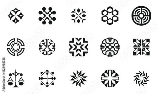 A collection of intricate black and white geometric patterns and designs featuring various shapes and symbols, creating a harmonious visual array of structure and style.