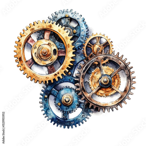 Gears MechanicsProgress, watercolor illustration vector, isolated on a white background.