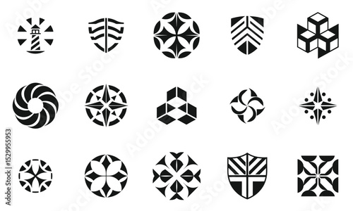 A diverse collection of unique black and white logo designs, showcasing various geometric shapes and motifs that convey creativity and modern branding.