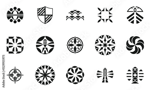 A collection of diverse monochromatic logos featuring geometric shapes, shields, and directional symbols, creating a modern and artistic visual representation.