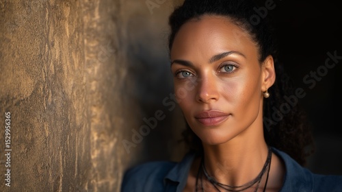 Confident Gaze: A woman with warm brown skin and striking green eyes looks directly at the camera with a confident expression. Her dark hair is styled elegantly, and she wears simple.