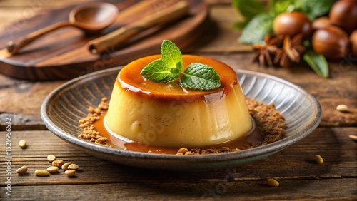 Sri Lankan watalappan pudding with nutmeg, jaggery, coconut milk, and cashew topping, served chilled.
