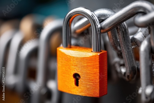 A bright orange padlock is attached to a thick metallic chain, emphasizing security and durability. The setting suggests an urban landscape where locks are commonly used to protect belongings.