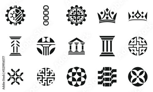 A collection of twelve unique black and white logos and symbols featuring geometric shapes, crowns, chains, and architectural elements, showcasing modern design aesthetics.