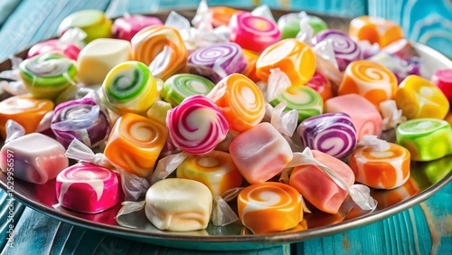 Colorful saltwater taffy pieces wrapped individually, chewy texture, vibrant colors, and candy shop display.