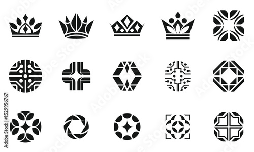 A striking collection of black and white logo designs, featuring geometric patterns and crown motifs, showcasing creativity and modern aesthetics.
