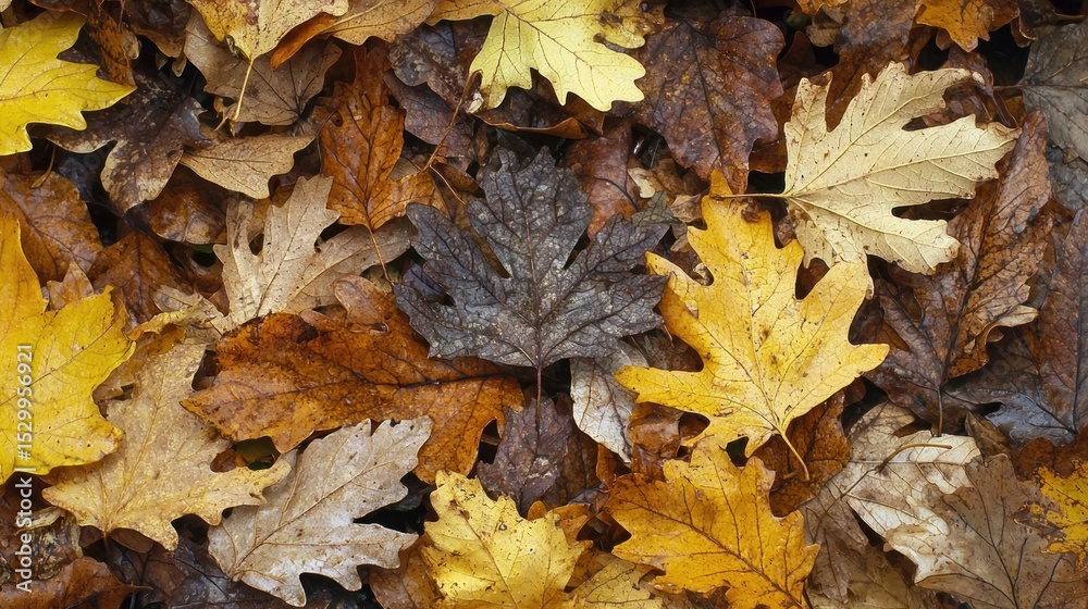Obraz premium A ground-level close-up captures a dense collection of fallen autumn leaves in various shades of brown, yellow, and gold, exhibiting different stages of decay and moisture