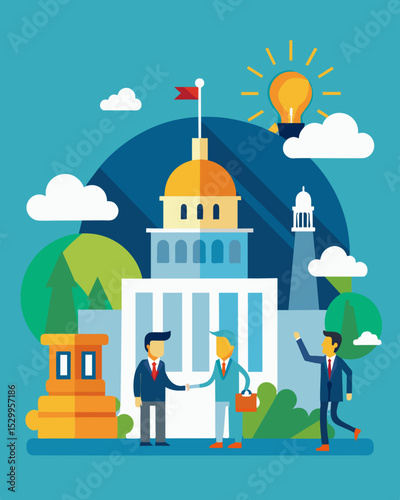 A government passes a law requiring companies to use energyefficient technology in their buildings.. Vector illustration