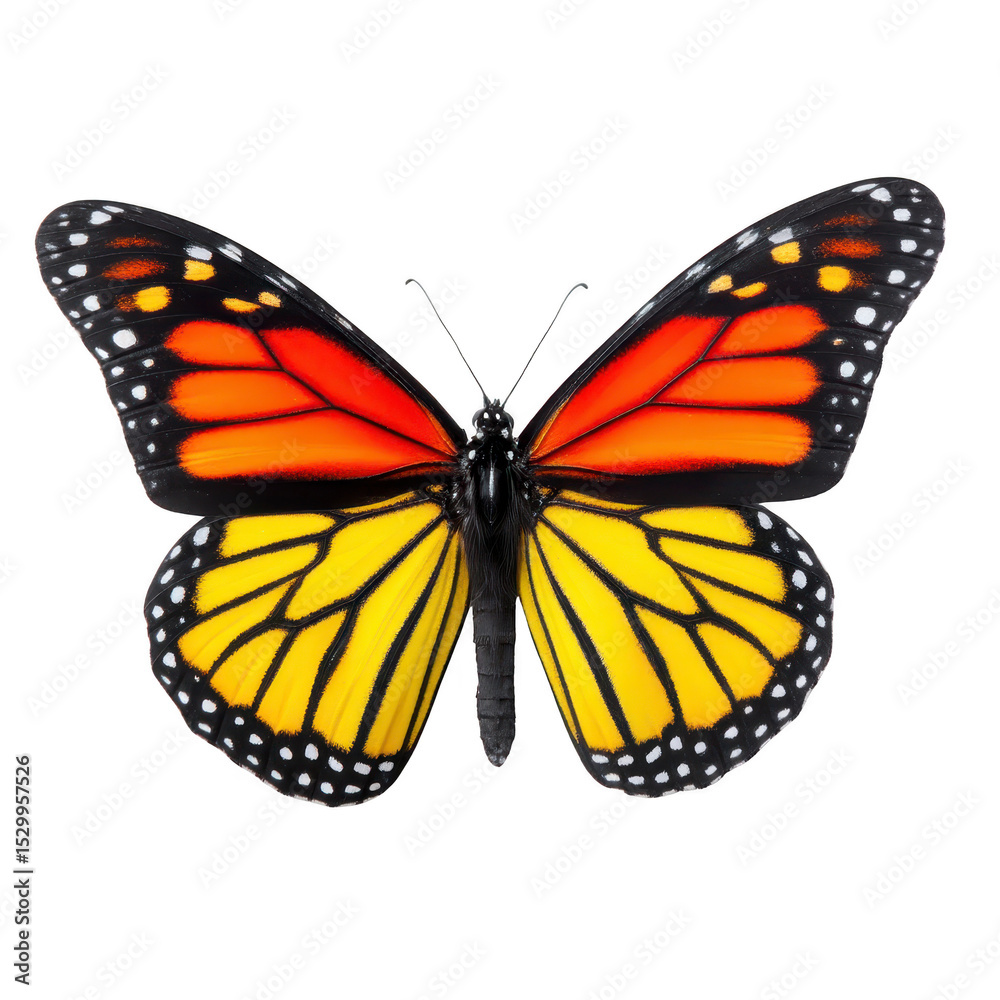 Fototapeta premium Vibrant monarch butterfly with striking orange and black wings, featuring white spots, is displayed against plain background. Its delicate beauty and intricate patterns captivate viewer