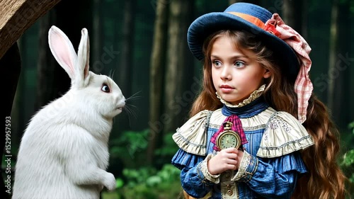Beautiful Alice met a white rabbit, Alice in Wonderland, characters communicate with each other, Alice is surprised by the talking rabbit