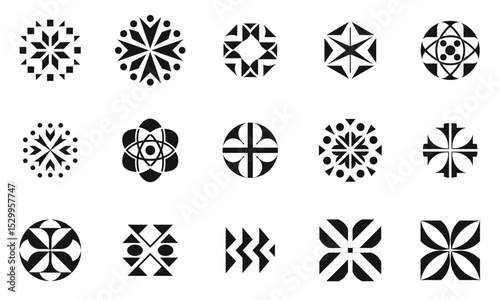 A diverse collection of black and white geometric patterns, showcasing various shapes and designs that evoke a modern and artistic aesthetic.