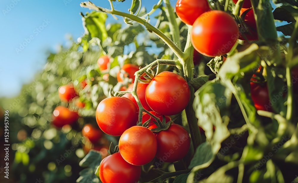 Fototapeta premium A dense tomato field under a bright and clear blue sky.