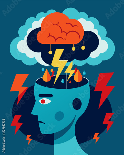 The mind depicted as a raging storm with conflicting thoughts and beliefs as lightning strikes creating chaos and turmoil.. Vector illustration
