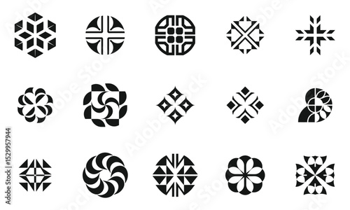 A collection of intricate geometric patterns in black and white, showcasing diverse shapes and designs that evoke modern elegance.