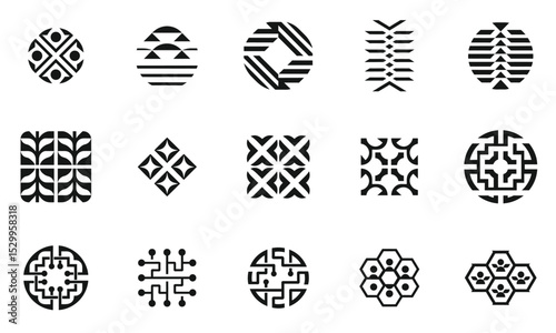 A collection of intricate black and white geometric patterns, showcasing diverse shapes and designs that can enhance various artistic projects.