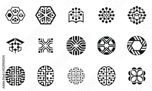 A collection of abstract black and white logos featuring geometric shapes and intricate patterns, showcasing creativity and innovation in design.