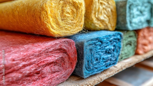 Colorful rolled textured material stacked close-up
