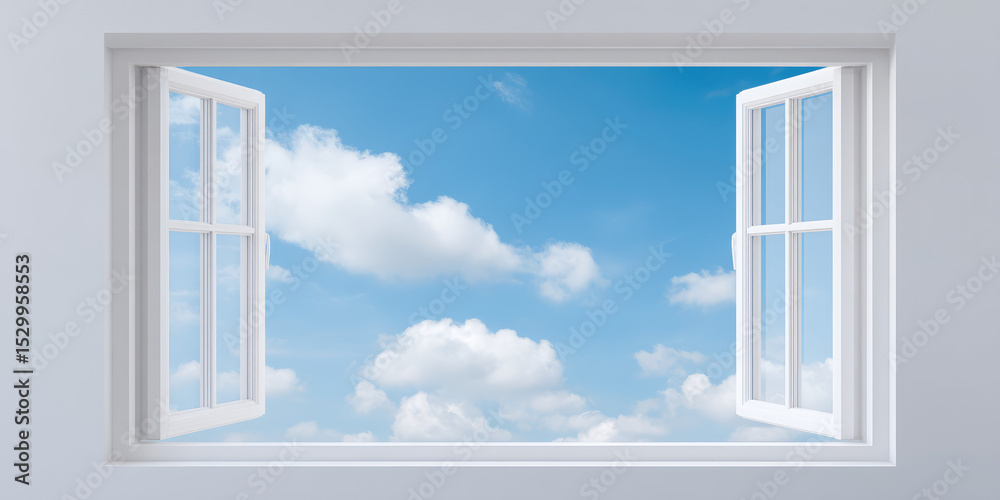 Fototapeta premium Open white-framed window overlooking a bright blue sky with fluffy clouds. Concept: freedom, openness, and serene landscape