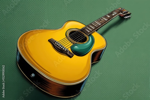 Vibrant yellow acoustic guitar illustration on green background