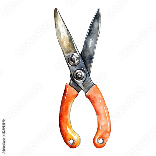 watercolor of Gardening Shears, vector, isolated on a white background.
