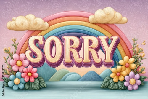 A whimsical apology illustration featuring a rainbow flowers and the word sorry in a retro style
