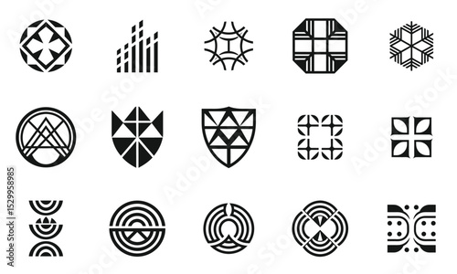 A collection of distinct geometric black and white logos, featuring various shapes and patterns that symbolize creativity and modern design.