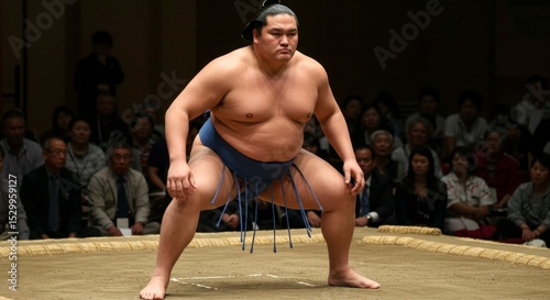A powerful sumo wrestler in a low fighting stance, preparing for competition before a large audience
